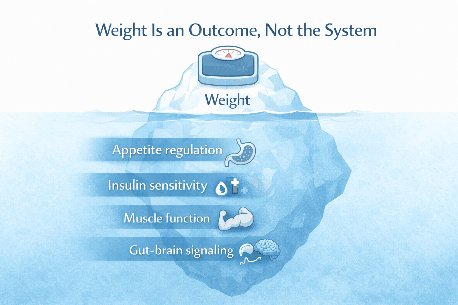 Iceberg diagram showing weight as the visible tip, with appetite regulation, insulin sensitivity, muscle function, and gut-brain signaling beneath the surface