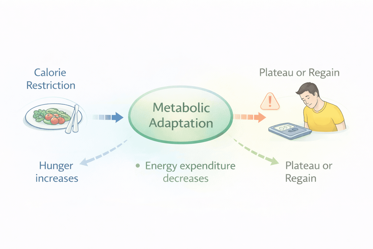 Diagram showing how calorie restriction triggers metabolic adaptation, leading to increased hunger, decreased energy expenditure, and weight plateau or regain