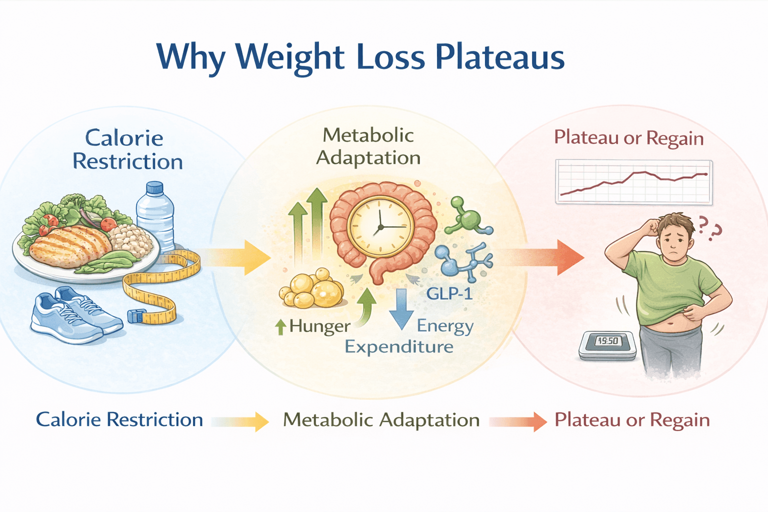 Diagram comparing short-term calorie restriction to long-term metabolic adaptation, showing how hunger and reduced energy expenditure lead to weight plateau