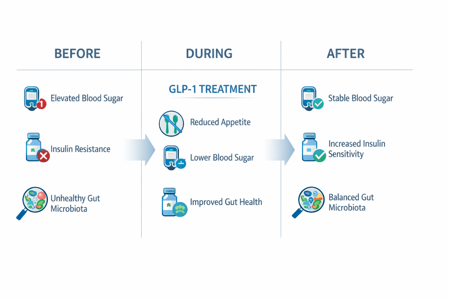 Three-phase timeline showing before, during, and after GLP-1 treatment: from elevated blood sugar and insulin resistance, through reduced appetite and lower blood sugar during treatment, to stable blood sugar and increased insulin sensitivity after