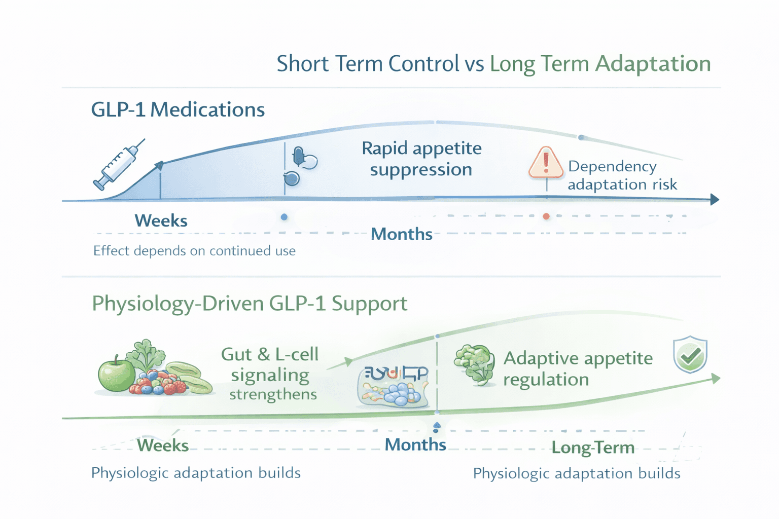 Timeline comparing short-term medication control versus long-term physiology-driven GLP-1 support, showing how natural adaptation builds over months