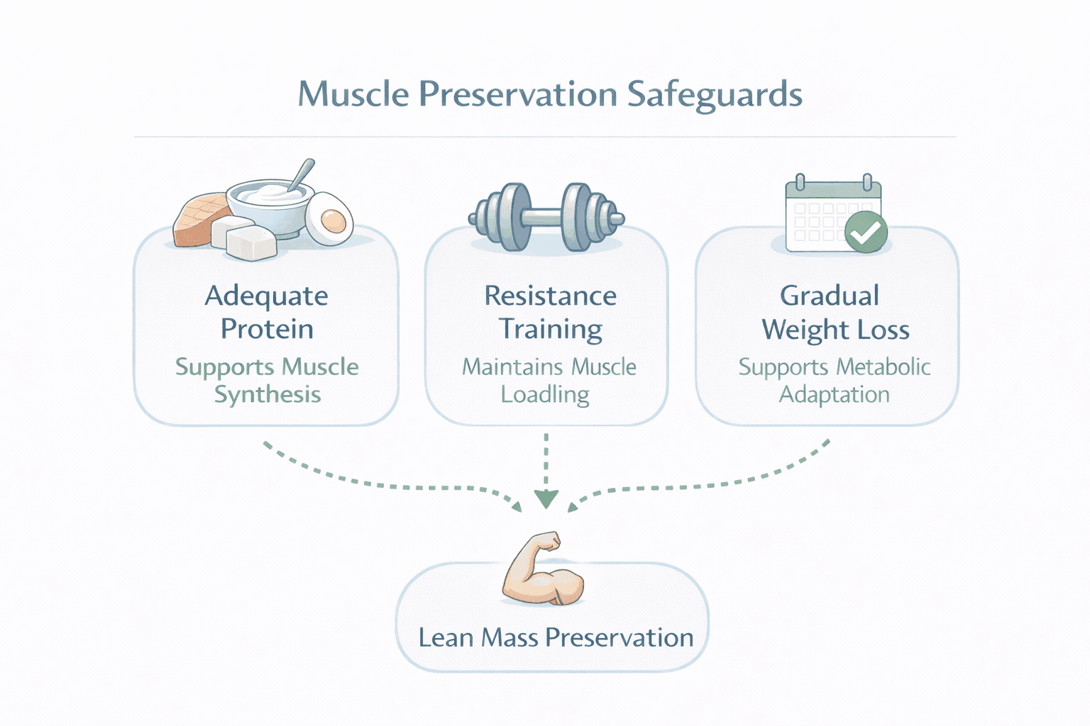 Diagram showing three muscle preservation safeguards: adequate protein supporting muscle synthesis, resistance training maintaining muscle loading, and gradual weight loss supporting metabolic adaptation