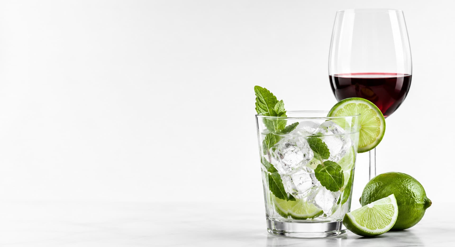 Iced highball drink with mint and lime beside a glass of red wine on a pale marble surface
