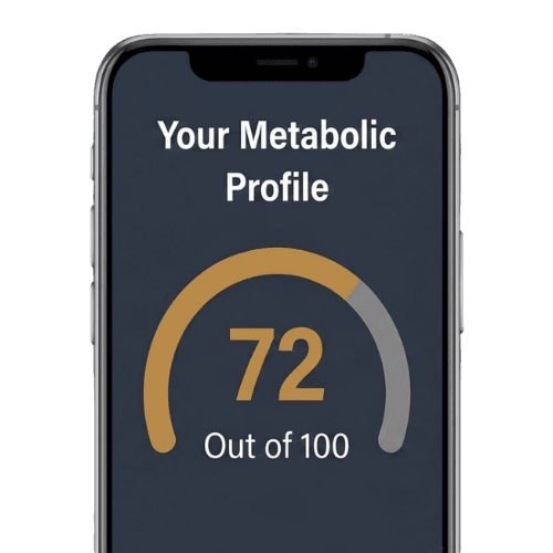 Phone showing a metabolic profile score of 72 out of 100