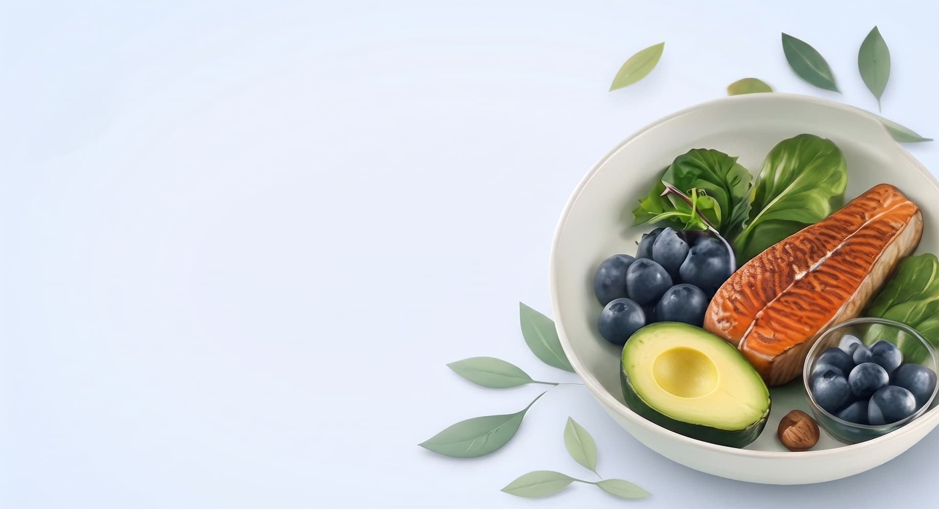 Plate of salmon, avocado, and vegetables on a wooden surface