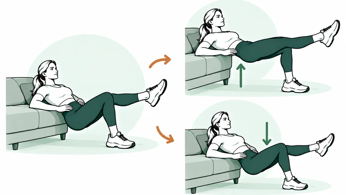 Single-leg hip thrust, shoulders on couch: Tier 3 · Bodyweight Advanced exercise