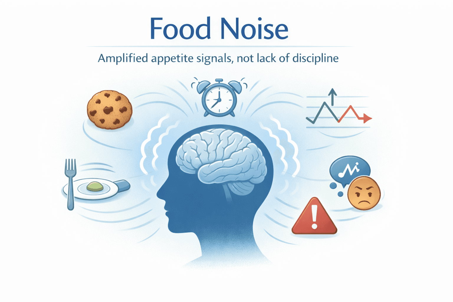 Illustration of food noise showing a brain surrounded by amplified appetite signals including cravings, blood sugar fluctuations, and emotional responses