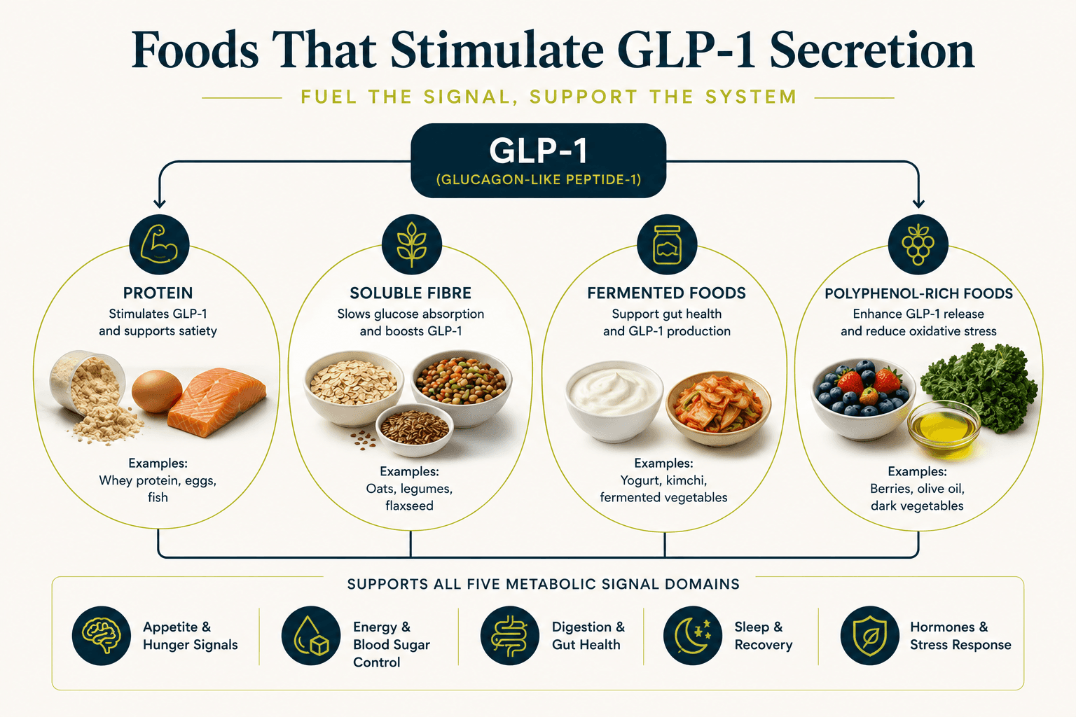 Diagram showing the foods and food categories that stimulate GLP-1 secretion: protein sources, soluble fibres, fermented foods, and polyphenol-rich plants