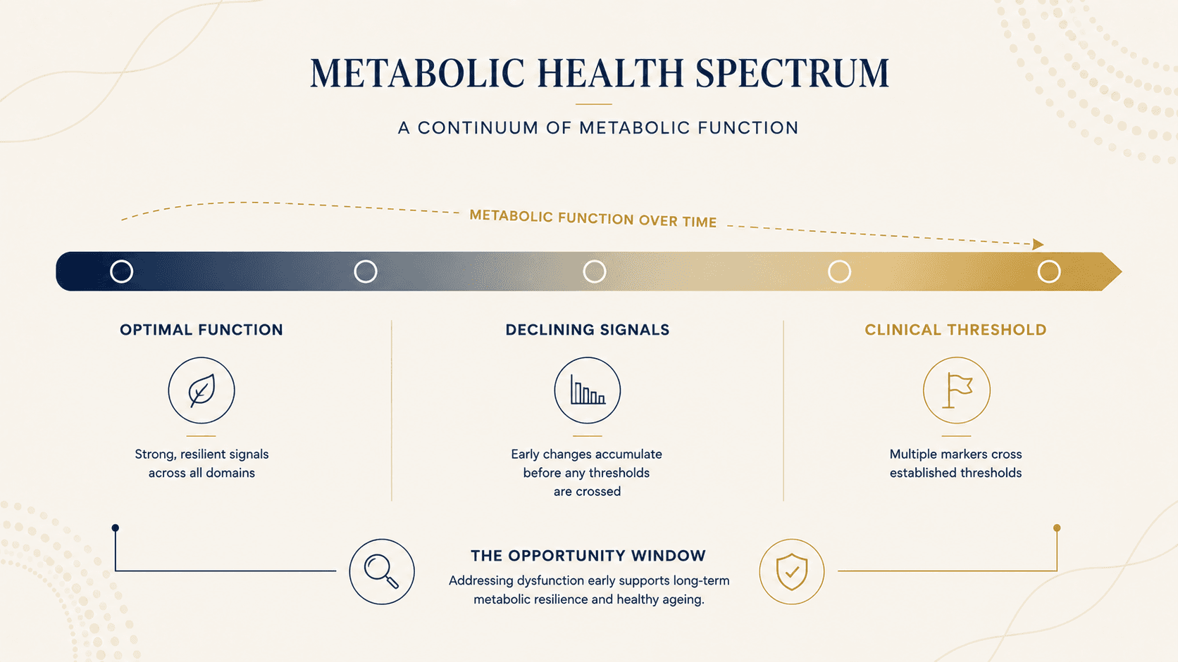 Spectrum diagram from optimal metabolic health through metabolic dysfunction to metabolic syndrome and type 2 diabetes