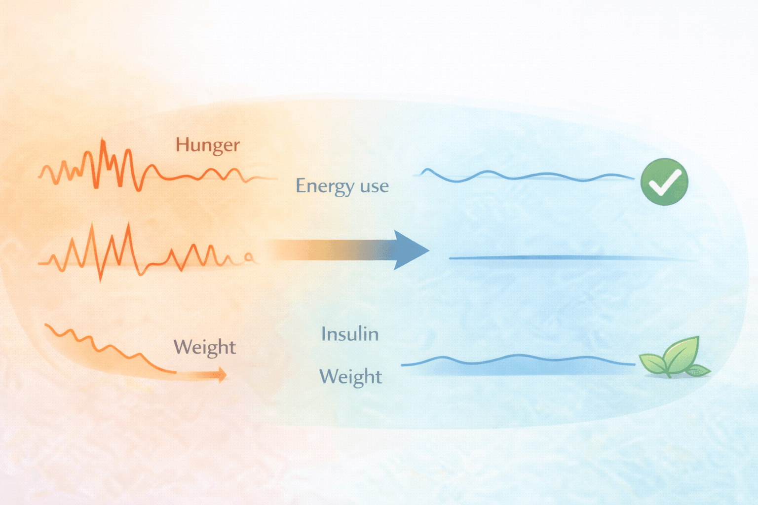 Visualization showing chaotic hunger, energy, and weight signals transitioning to stable, coordinated patterns over time