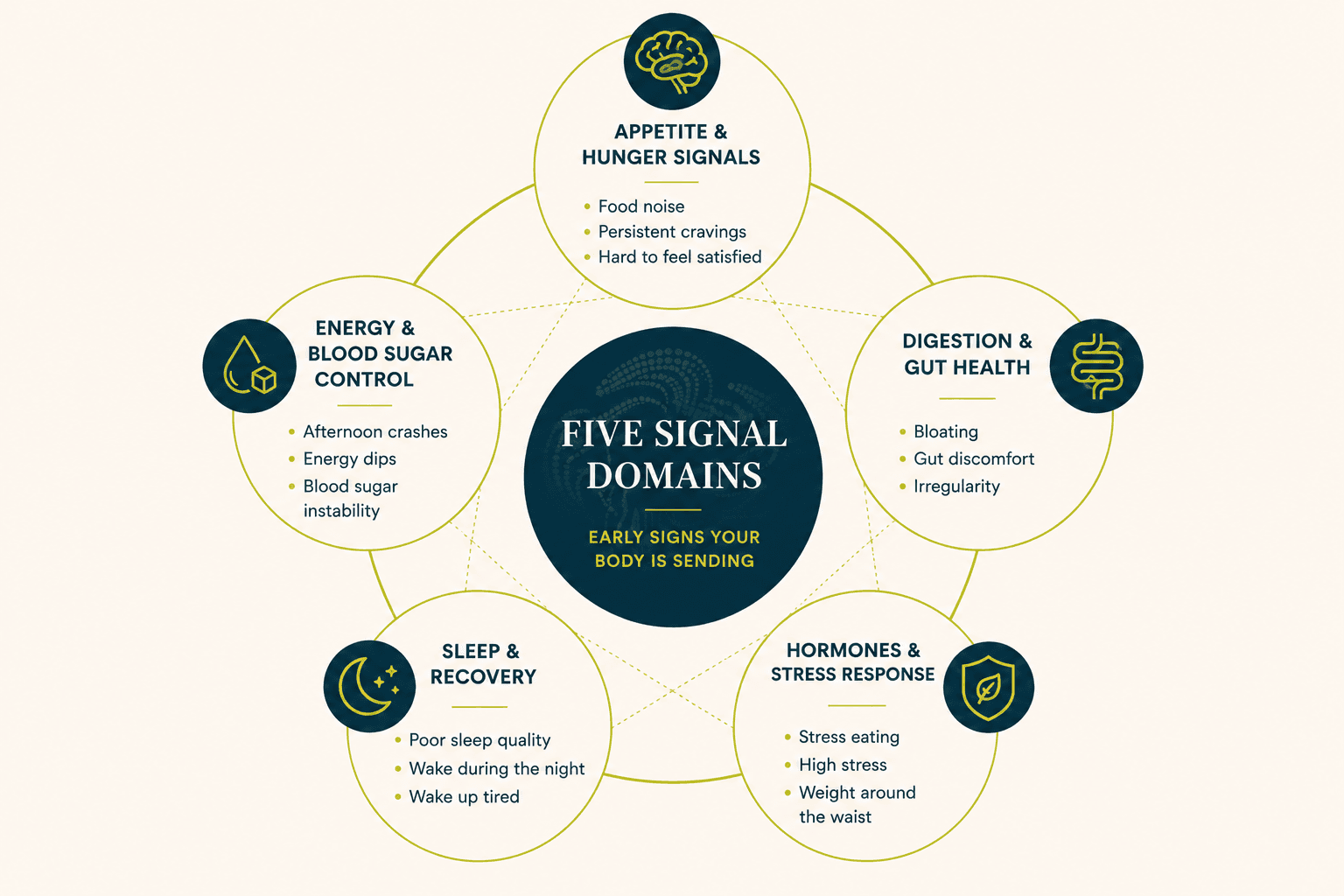 Diagram showing how symptoms of poor metabolic health cluster across the five signal domains: Energy & Blood Sugar, Appetite & Hunger, Digestion & Gut Health, Sleep & Recovery, and Hormones & Stress Response