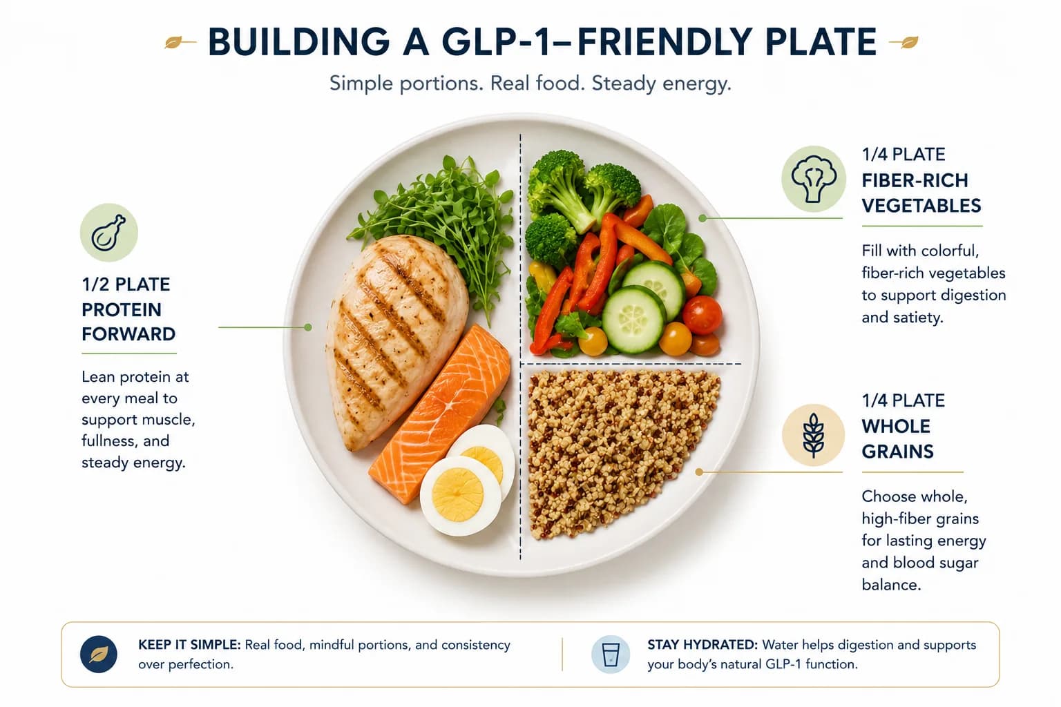 Plate diagram showing a GLP-1-friendly plate: half protein, a quarter fiber-rich vegetables, and a quarter whole grains