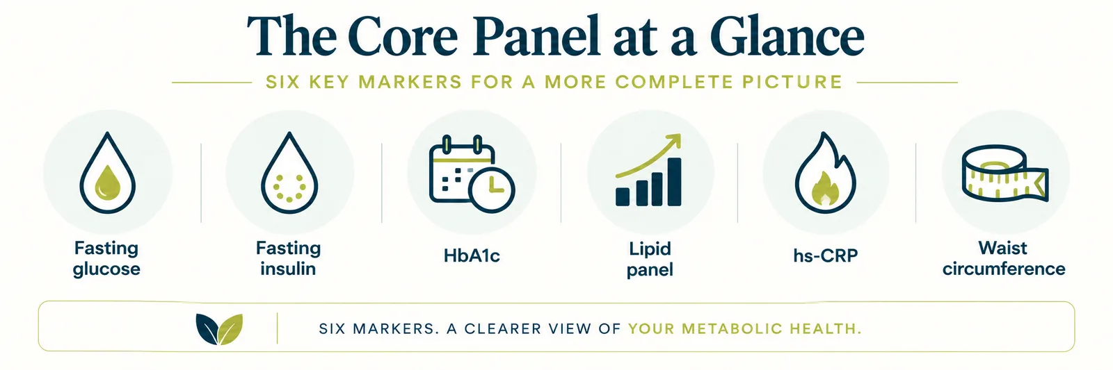Icon summary of the six items covered on this page: fasting glucose, fasting insulin, HbA1c, lipid panel, hs-CRP, and waist circumference