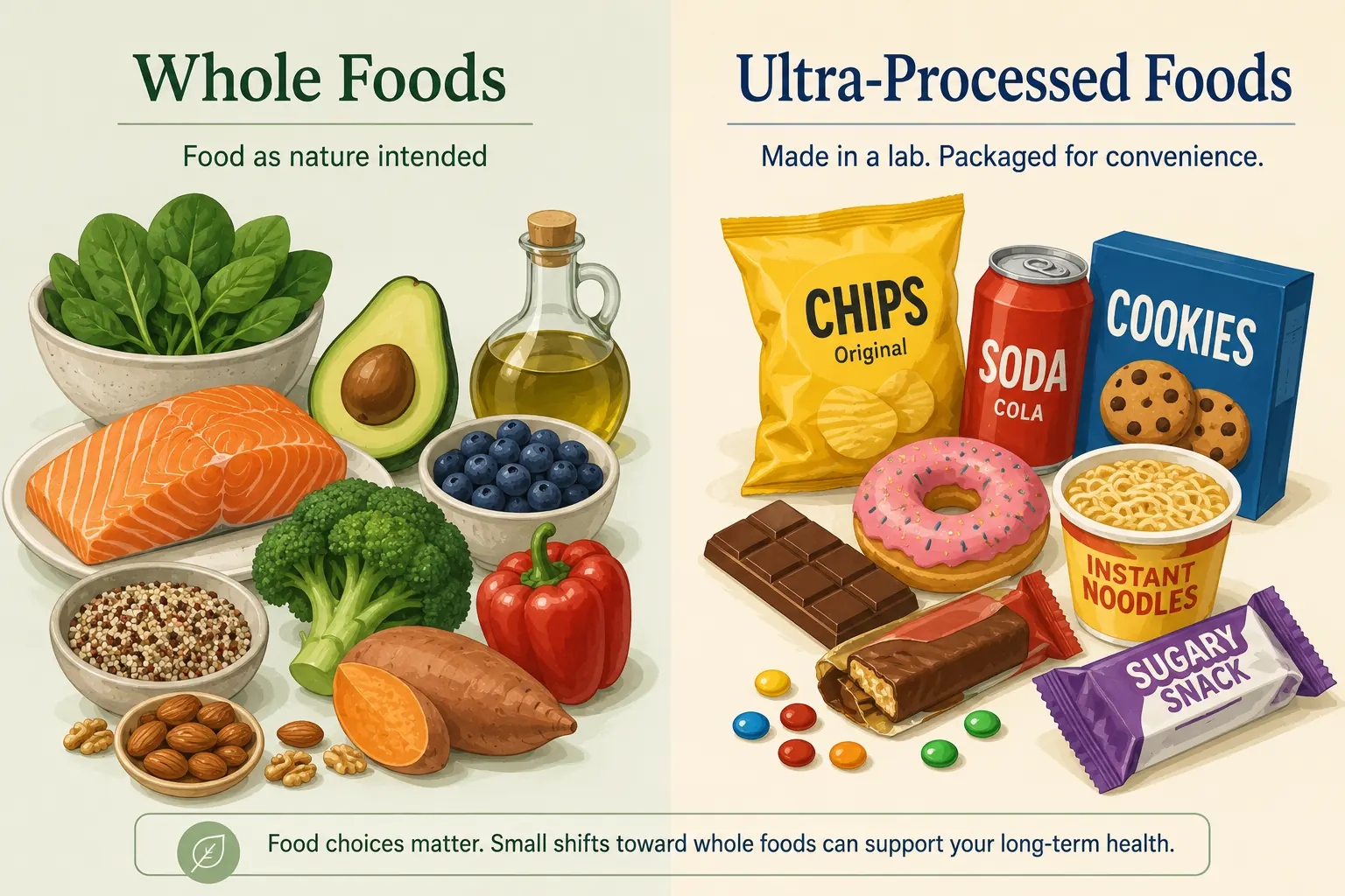 Whole foods beside engineered packaged snacks, illustrating the ultra-processed food contrast