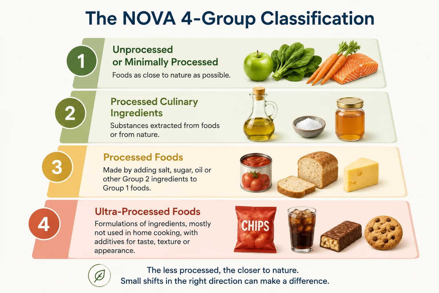 The NOVA four-group classification ladder, from unprocessed foods to ultra-processed foods