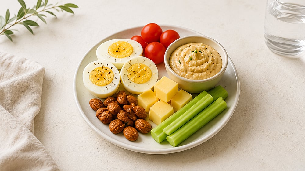 High Protein Snack Plate: boiled egg, almonds and cheddar cheese