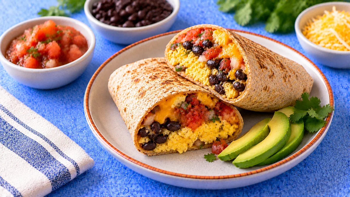 Breakfast Burrito with Black Beans and Salsa: eggs, black beans and shredded cheese