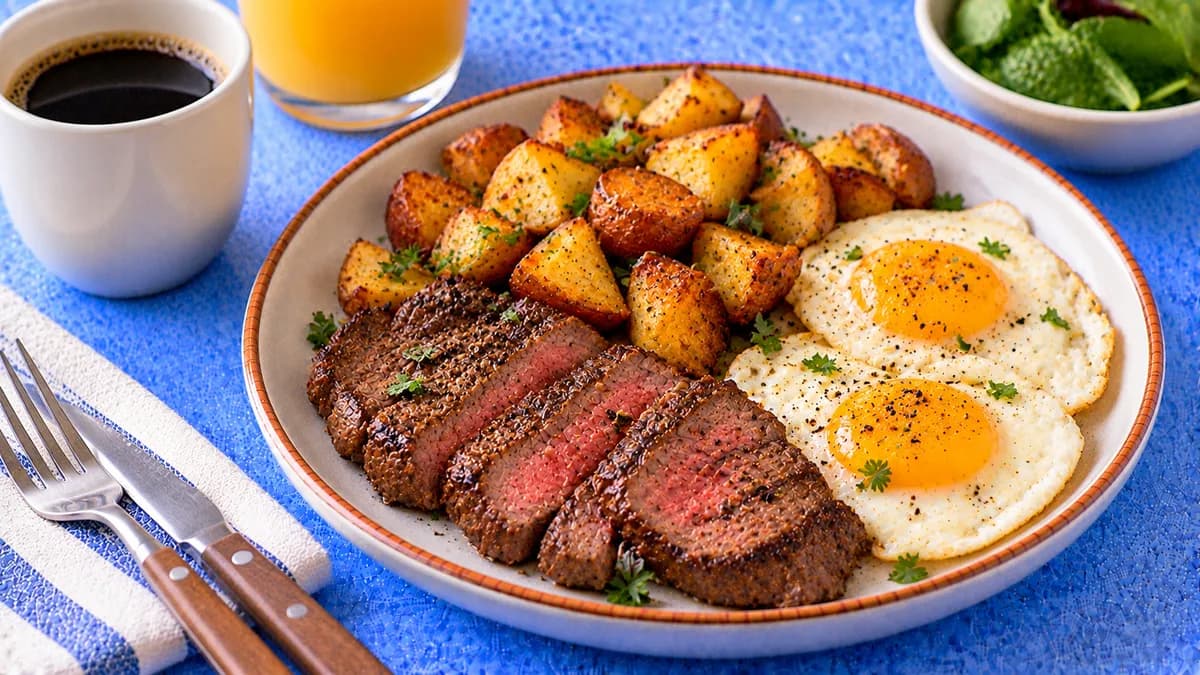 Steak and Eggs with Roasted Potatoes: sirloin steak, eggs and roasted breakfast potatoes