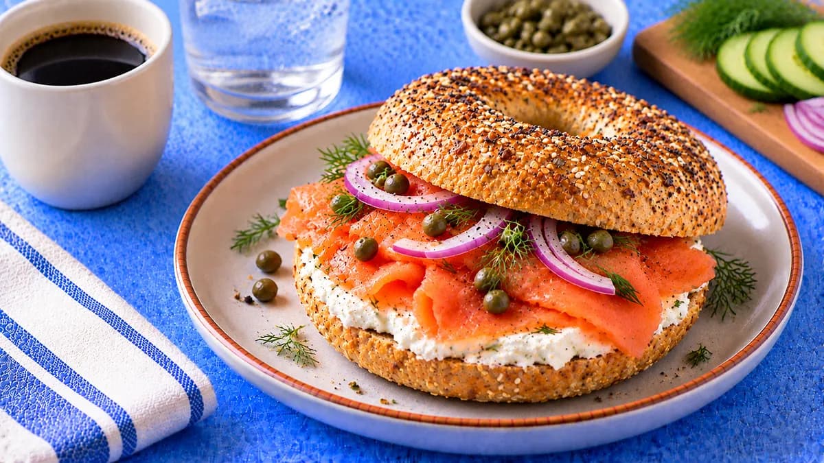 Smoked Salmon Bagel with Cream Cheese and Capers: whole-grain bagel, cream cheese and smoked salmon