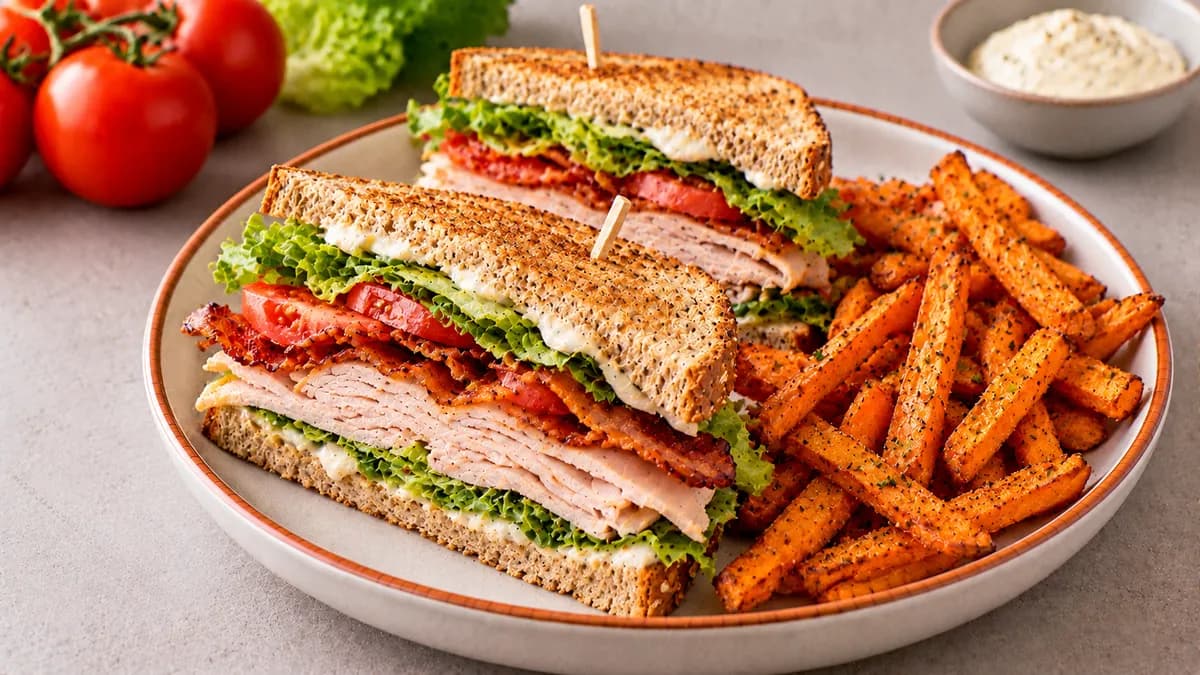 Turkey Club Sandwich with Sweet Potato Fries