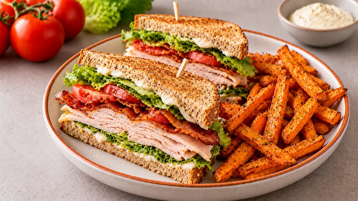 Turkey Club Sandwich with Sweet Potato Fries: whole-grain bread, sliced turkey and bacon
