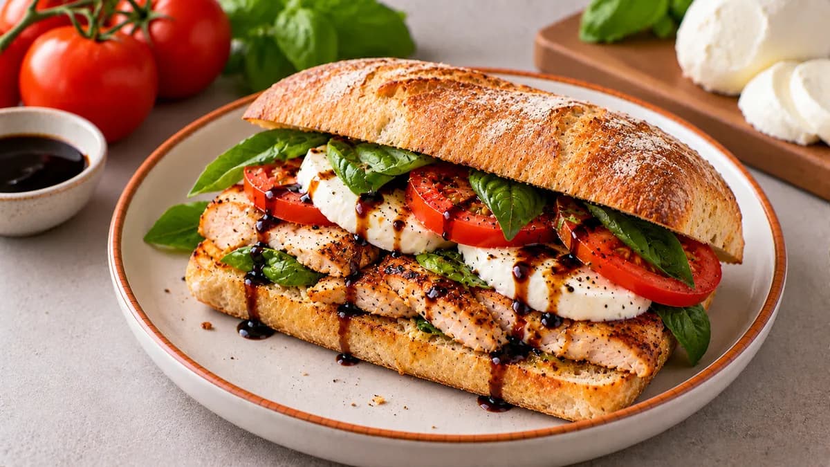 Chicken Caprese Sandwich: grilled chicken breast, ciabatta roll and fresh mozzarella