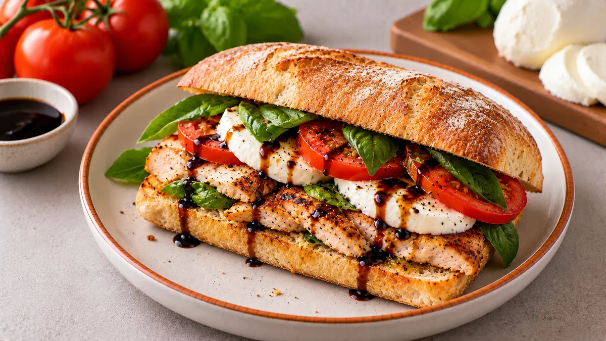 Chicken Caprese Sandwich: grilled chicken breast, ciabatta roll and fresh mozzarella