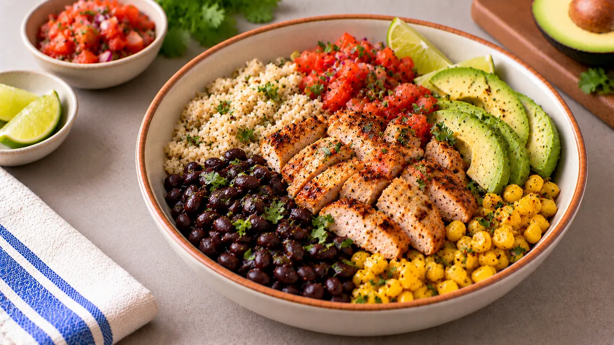 Southwest Chicken Bowl with Rice and Black Beans: grilled chicken, rice and black beans