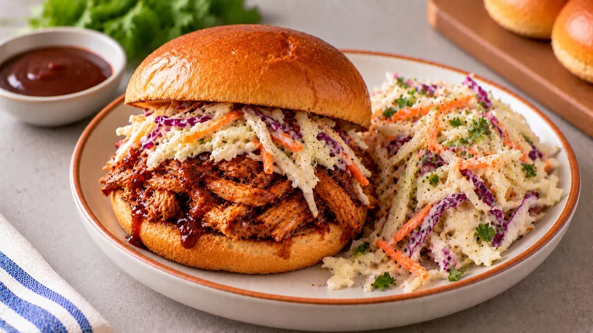 BBQ Pulled Chicken Sandwich with Coleslaw: pulled chicken, BBQ sauce and brioche bun