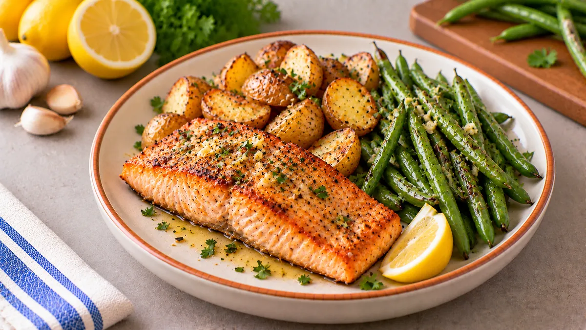 Baked Salmon with Roasted Potatoes and Green Beans: salmon fillet, baby potatoes and green beans