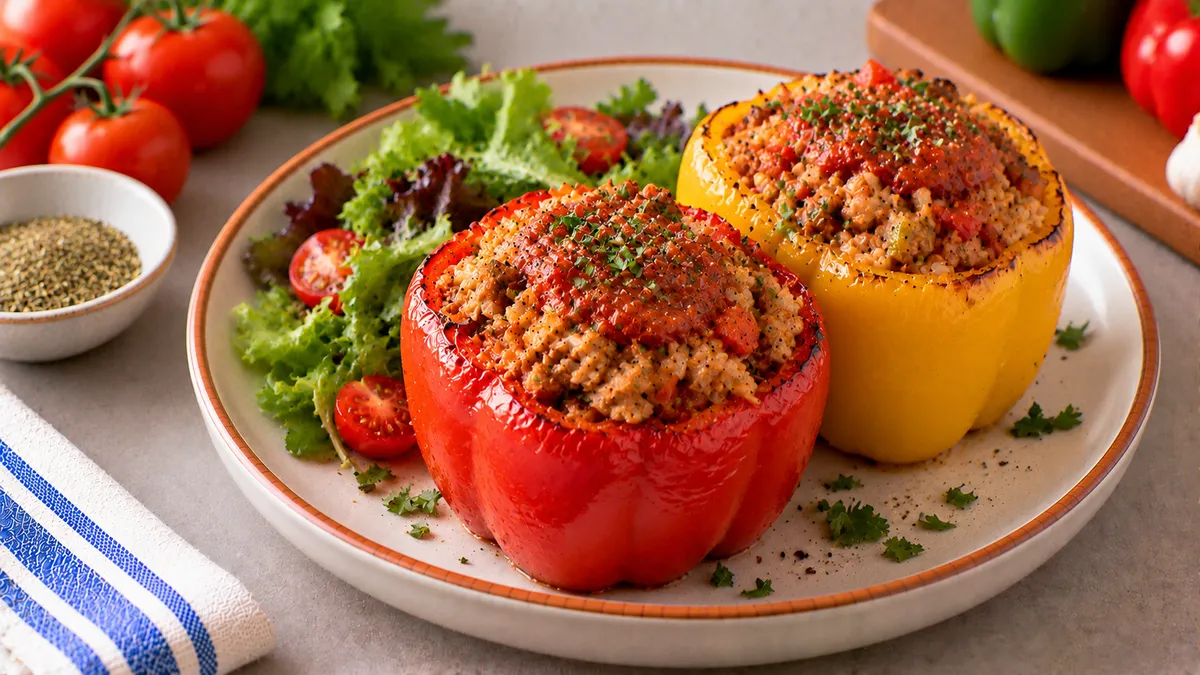Stuffed Bell Peppers with Ground Turkey and Rice: bell peppers, ground turkey and cooked rice