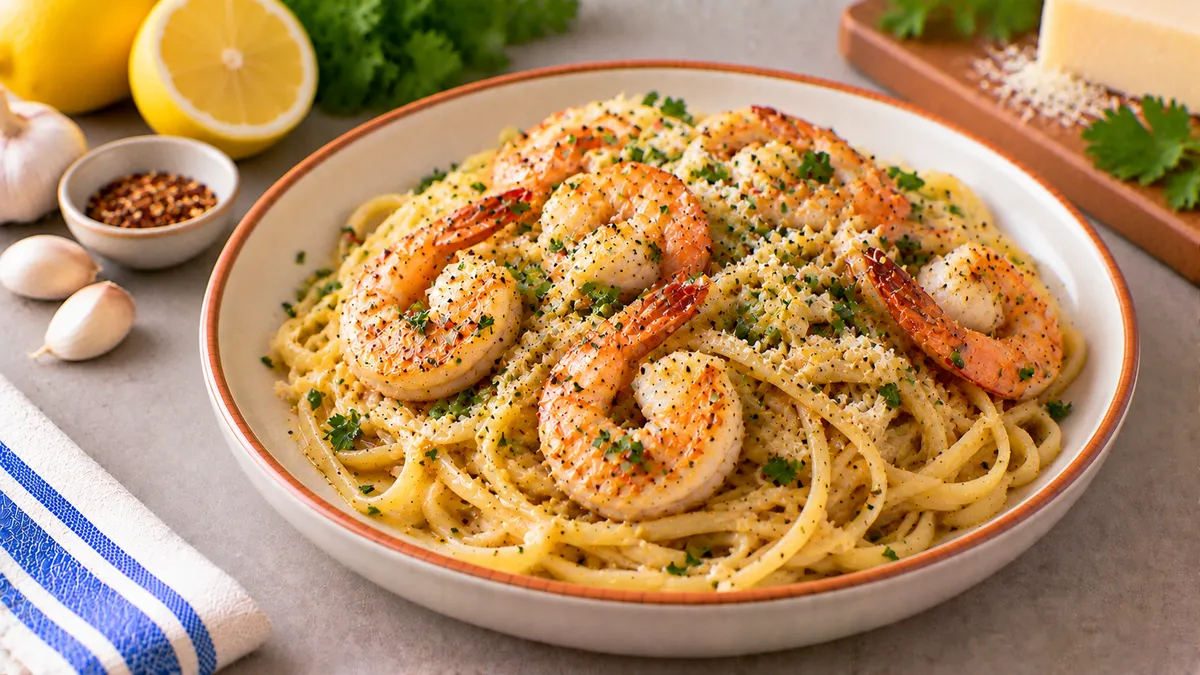 Shrimp Scampi with Linguine: shrimp, linguine and garlic