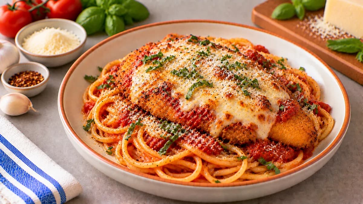Chicken Parmesan with Spaghetti: chicken breast, marinara sauce and mozzarella