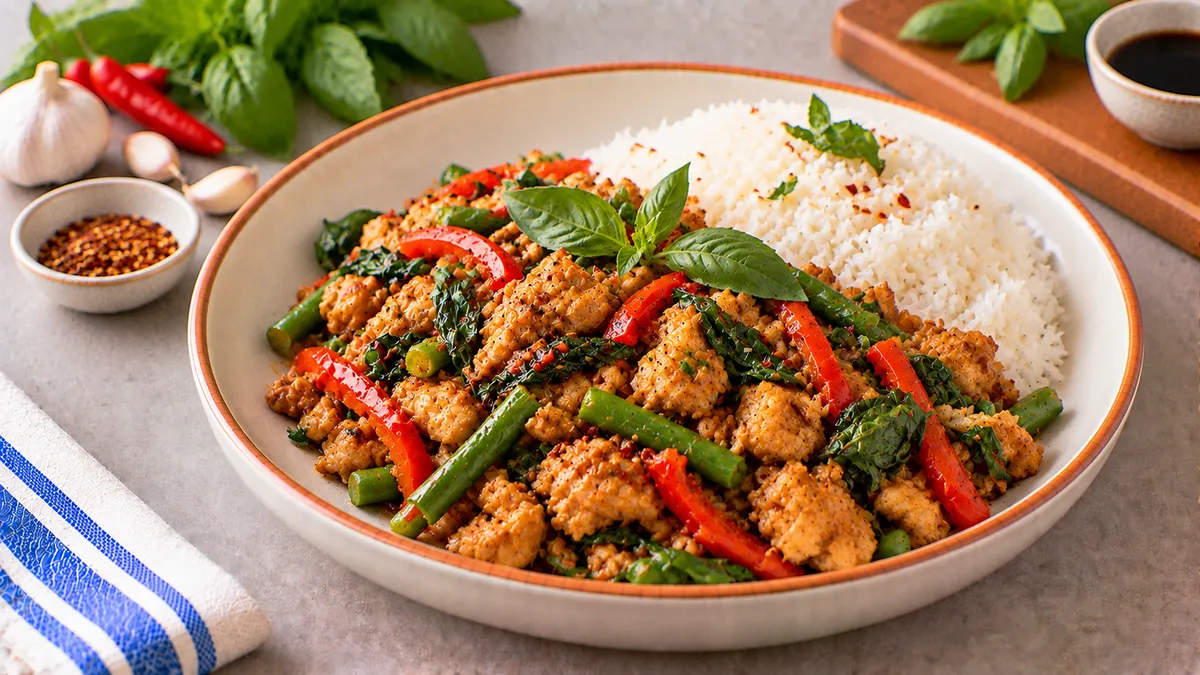Thai Basil Chicken with Jasmine Rice: ground chicken, mixed bell peppers and green beans and Thai basil