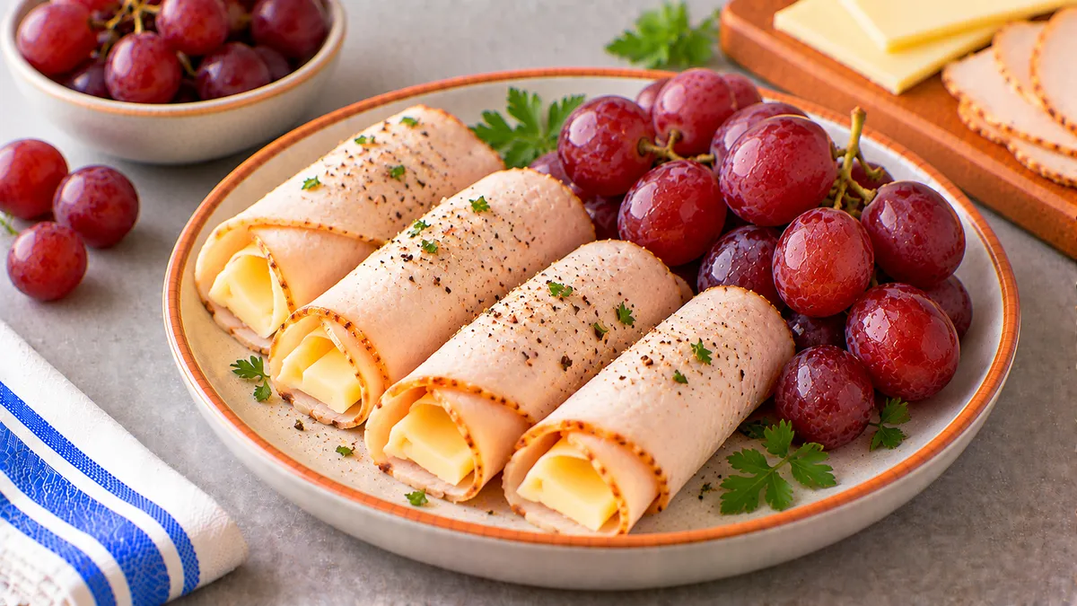 Turkey and Cheese Roll-Ups with Grapes: deli turkey, cheese and grapes