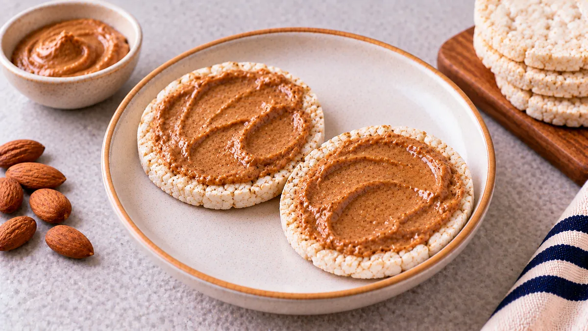 Rice Cakes with Almond Butter: plain rice cakes and almond butter