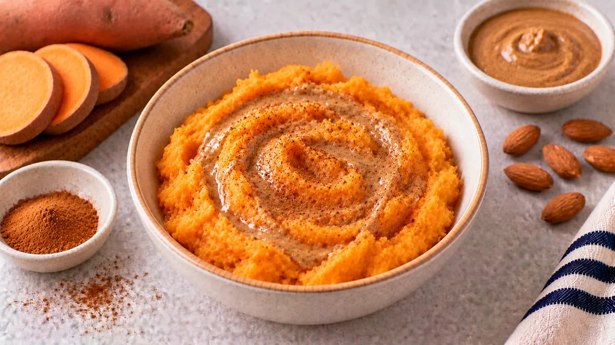 Mashed Sweet Potato with Nut Butter Swirl: sweet potato, almond butter and pinch of cinnamon