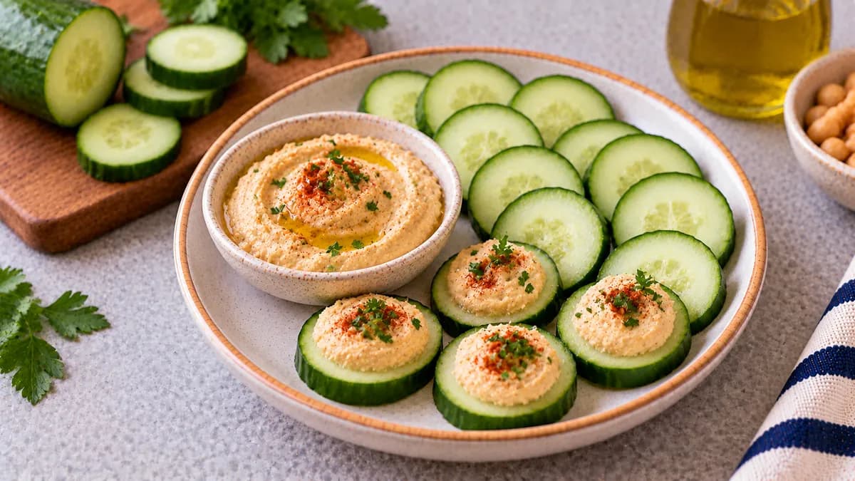 Cucumber Slices with Hummus: cucumber and hummus