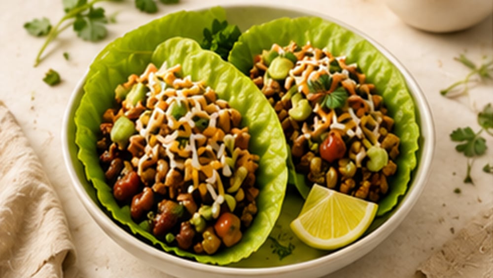 Turkey Lettuce Taco Bowls: ground turkey, lettuce leaves and salsa