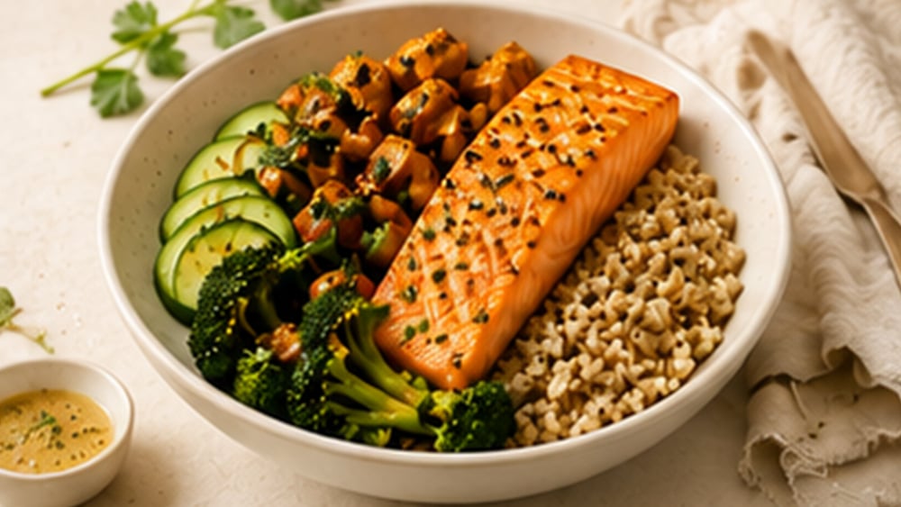 Salmon Quinoa Bowl: salmon fillets, cooked quinoa and broccoli