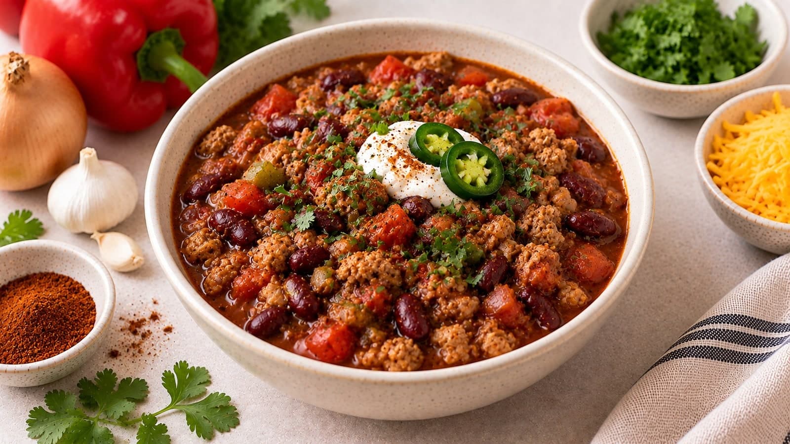 Turkey Chili: ground turkey, kidney beans and diced tomatoes