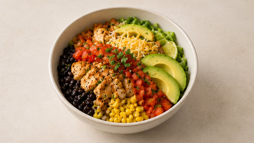 Chicken Burrito Bowl: cooked chicken breast, cooked rice and cooked black beans
