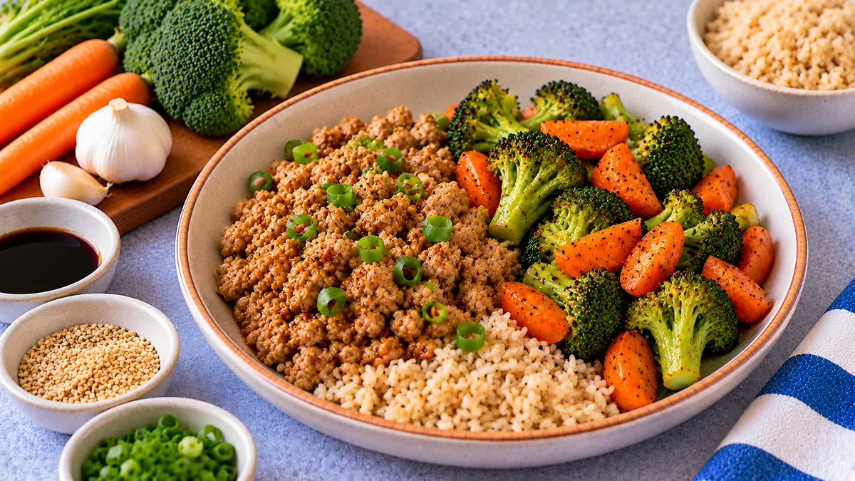 Turkey and Rice Bowl with Roasted Vegetables: ground turkey, cooked rice and roasted vegetables