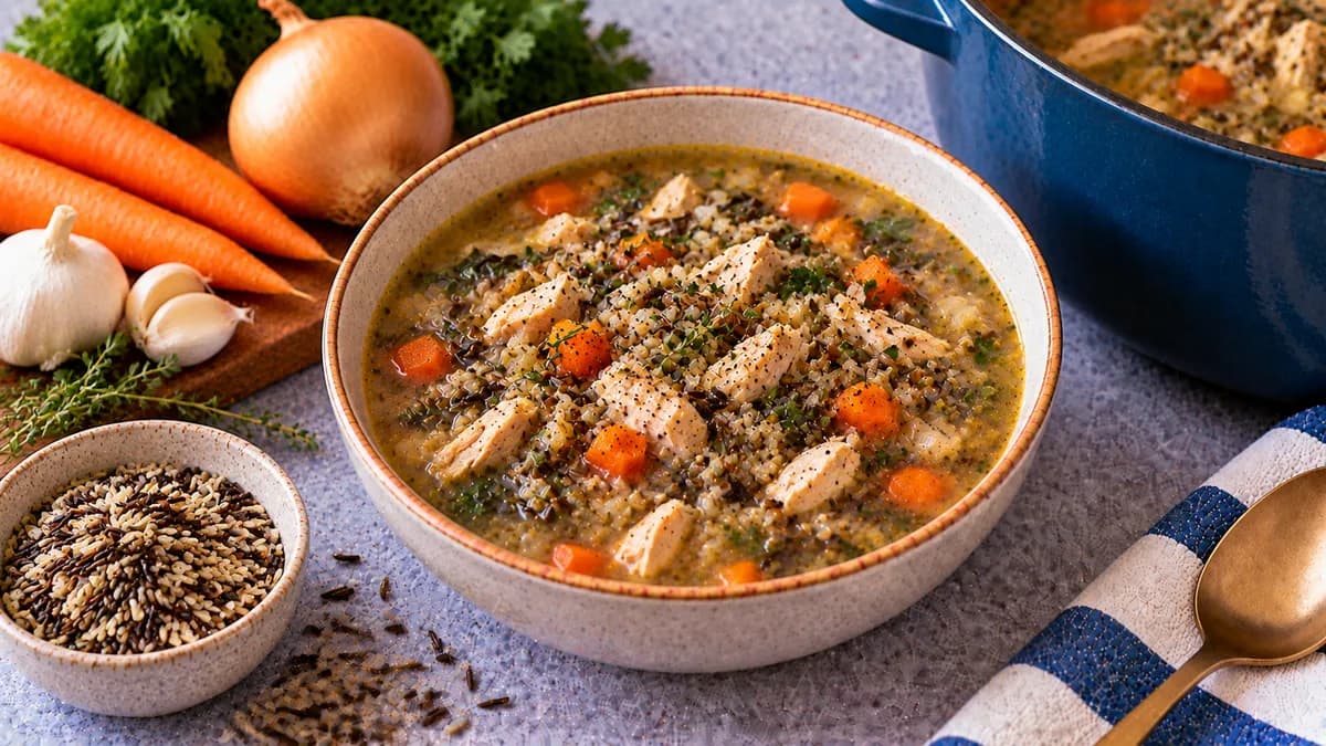 Chicken and Wild Rice Soup (Freezer-Friendly): chicken breast, wild rice and onion