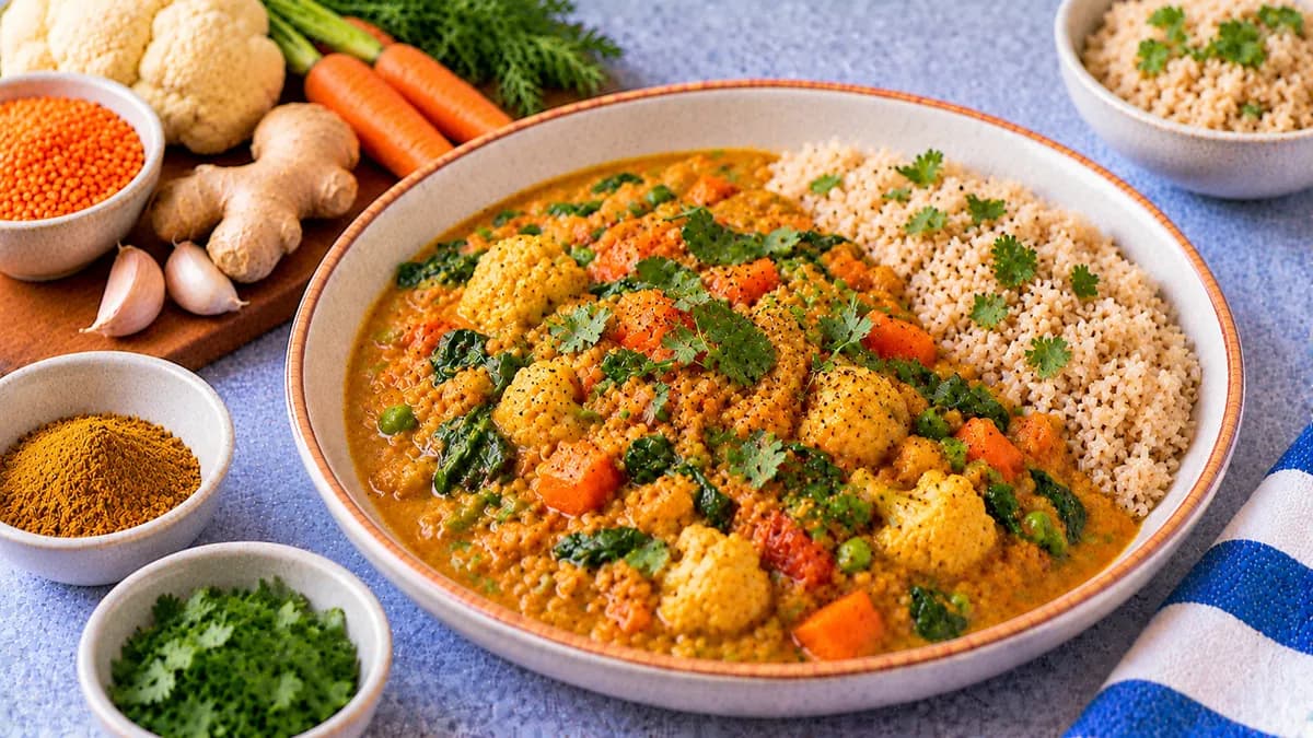 Lentil and Vegetable Curry (Freezer-Friendly): red lentils, coconut milk and mixed vegetables