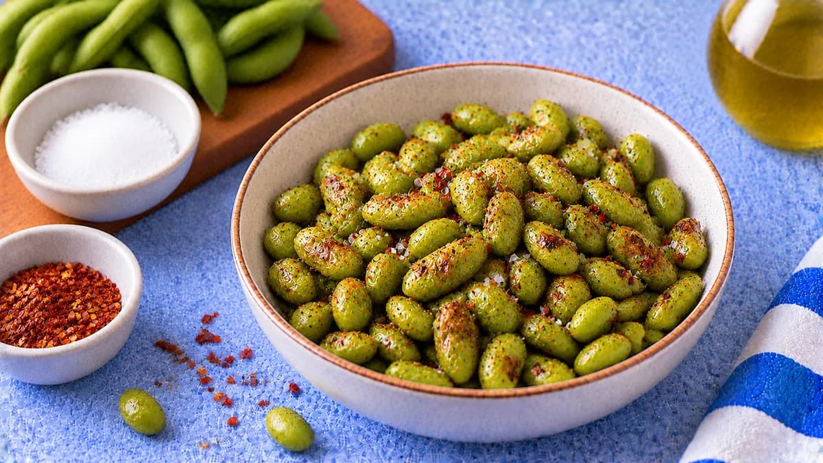 Roasted Edamame: shelled edamame, olive oil and sea salt