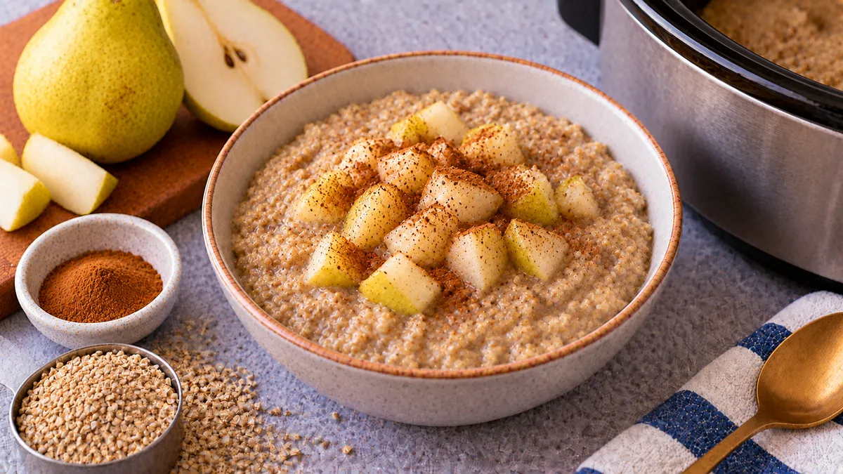 Slow Cooker Steel-Cut Oats with Pear: steel-cut oats, water or plant milk and diced pear