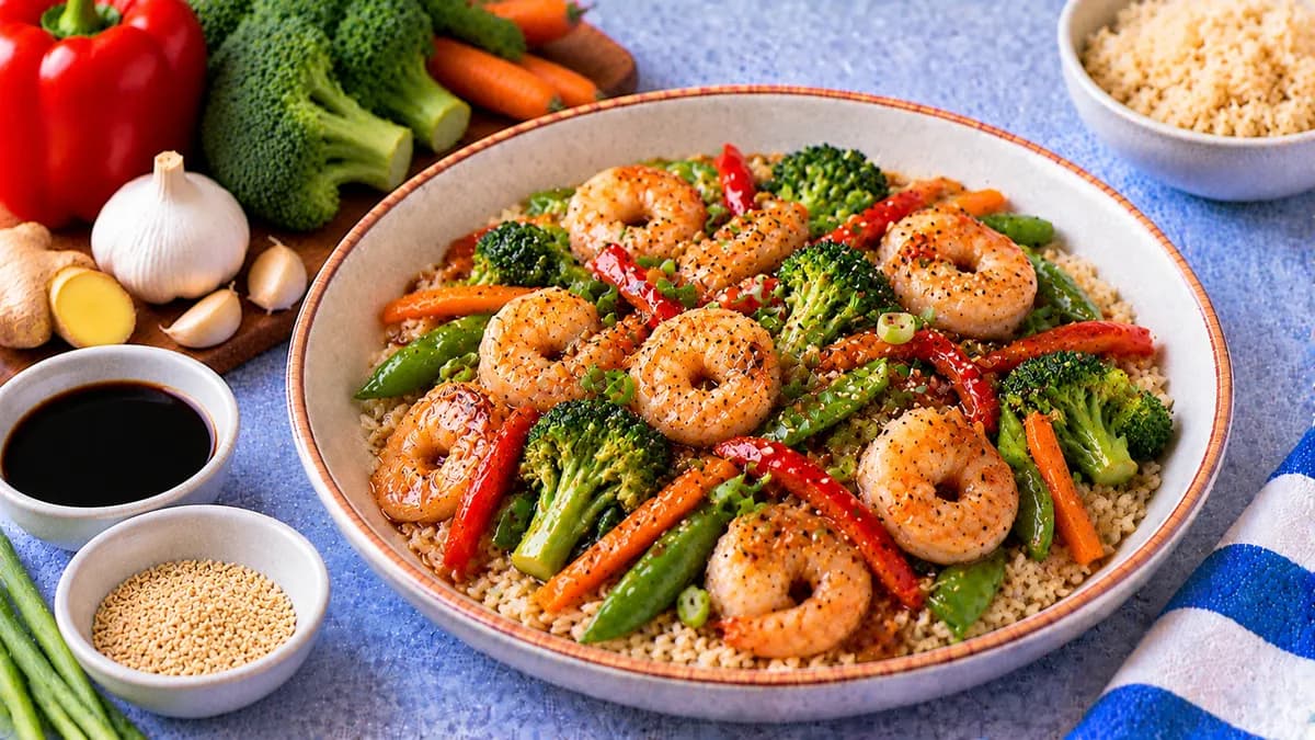 Shrimp and Vegetable Stir-Fry: shrimp, mixed stir-fry vegetables and tamari