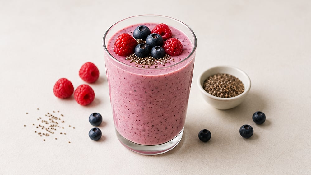 Kefir Berry Smoothie: kefir, mixed berries and chia seeds